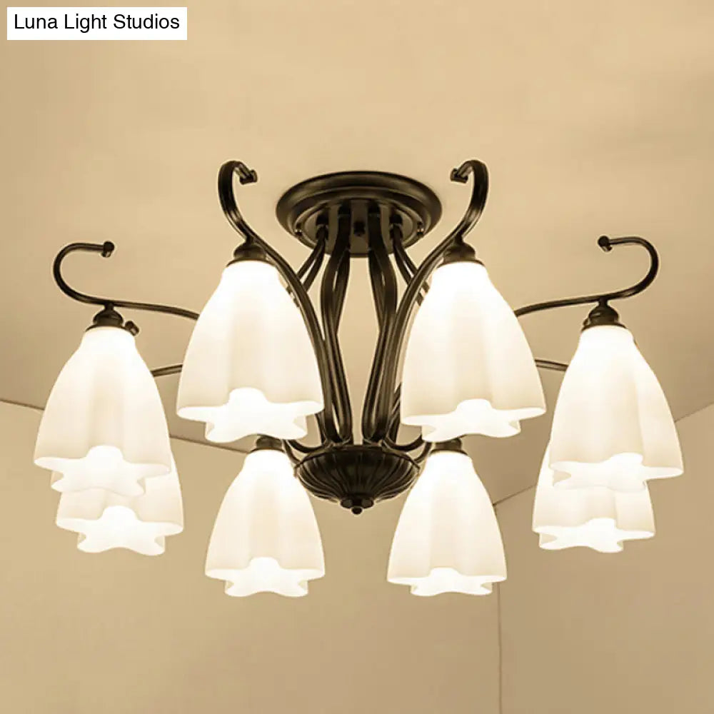 DecorBites™ Flower-Shaped White Glass Ceiling Light Fixture with 3/6/8 Lights for Classic Living Room Semi-Mount Lighting in Black