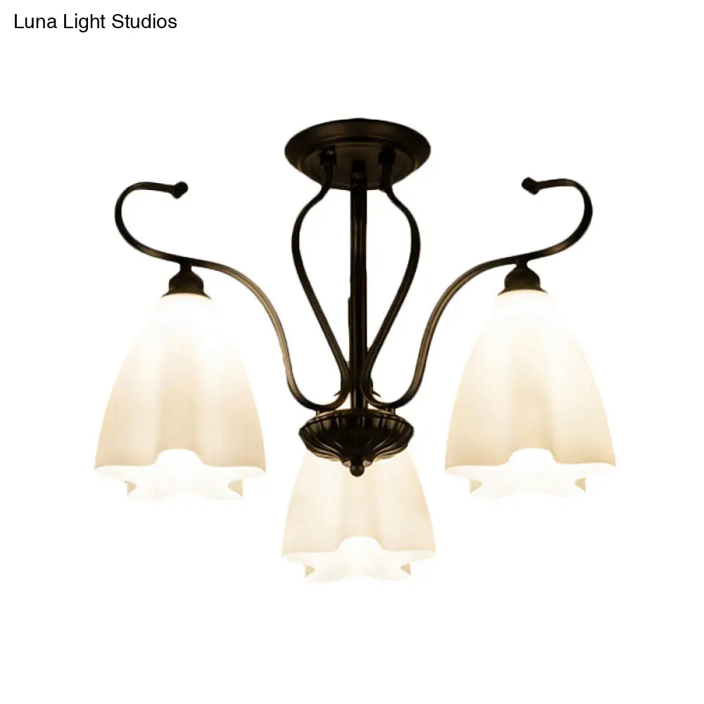 DecorBites™ Flower-Shaped White Glass Ceiling Light Fixture with 3/6/8 Lights for Classic Living Room Semi-Mount Lighting in Black