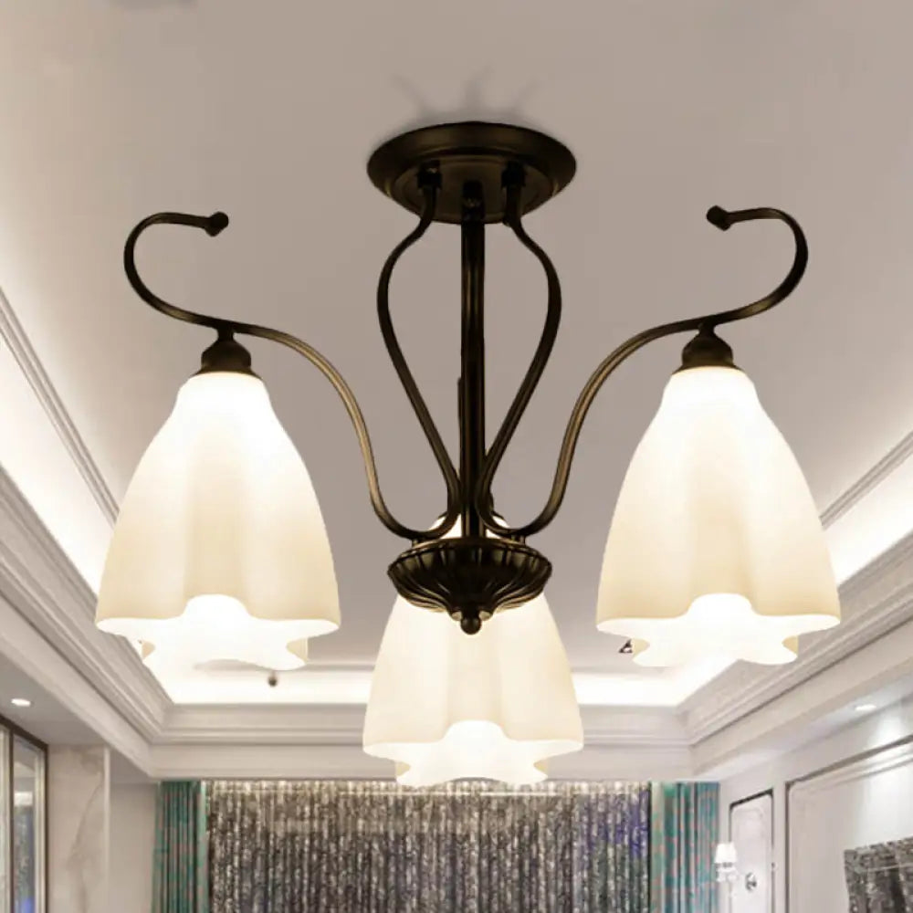 DecorBites™ Flower-Shaped White Glass Ceiling Light Fixture with 3/6/8 Lights for Classic Living Room Semi-Mount Lighting in Black