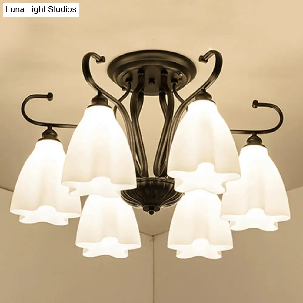 DecorBites™ Flower-Shaped White Glass Ceiling Light Fixture with 3/6/8 Lights for Classic Living Room Semi-Mount Lighting in Black