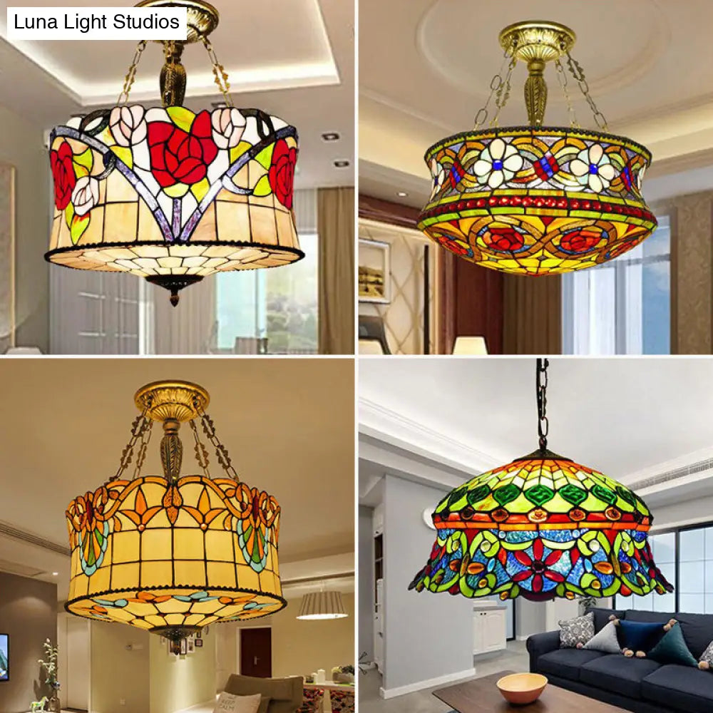 Flower Stained Glass Ceiling Light for Living Room with 3 Bulbs