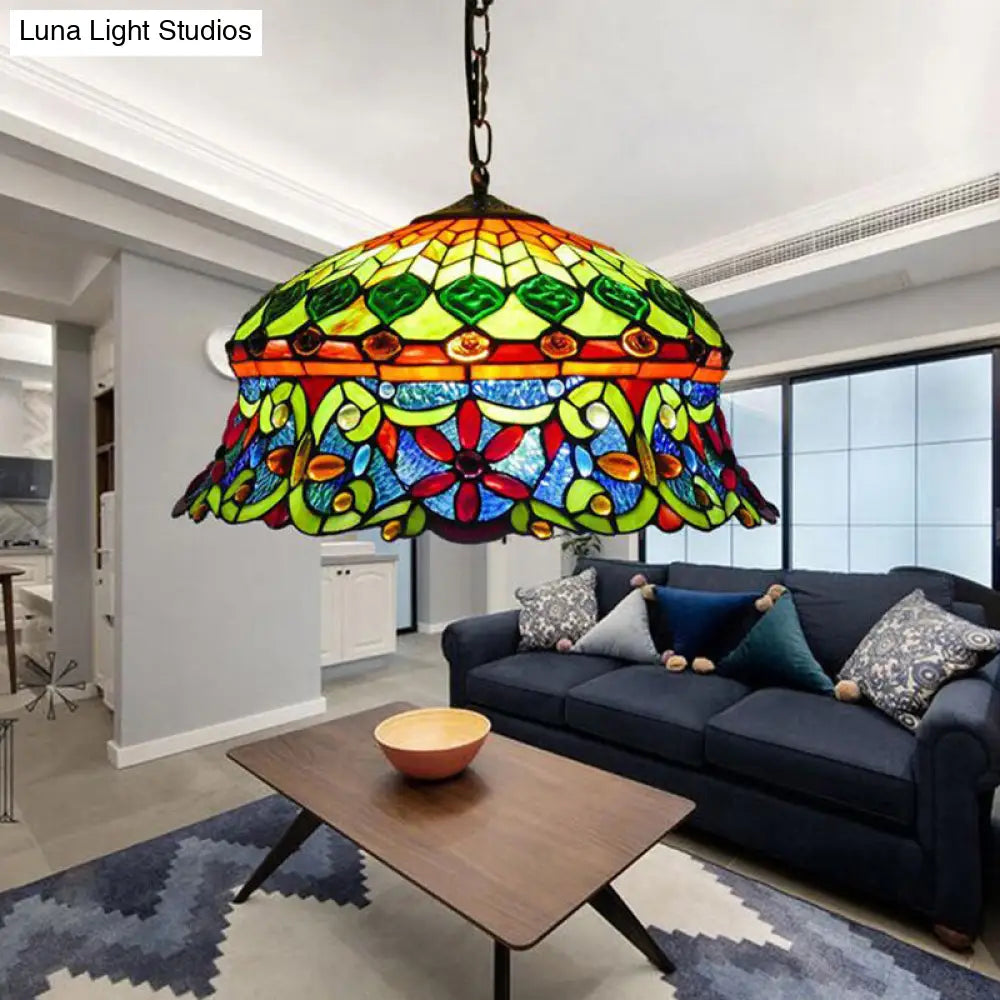 Flower Stained Glass Ceiling Light for Living Room with 3 Bulbs