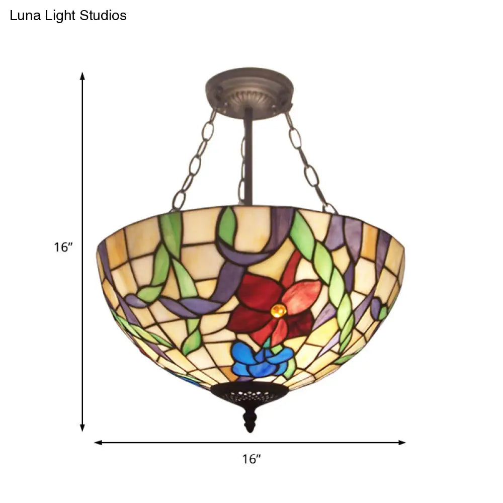 Flower Tiffany Rustic Stained Glass Chandelier for Foyer with Inverted Bowl Suspension Light