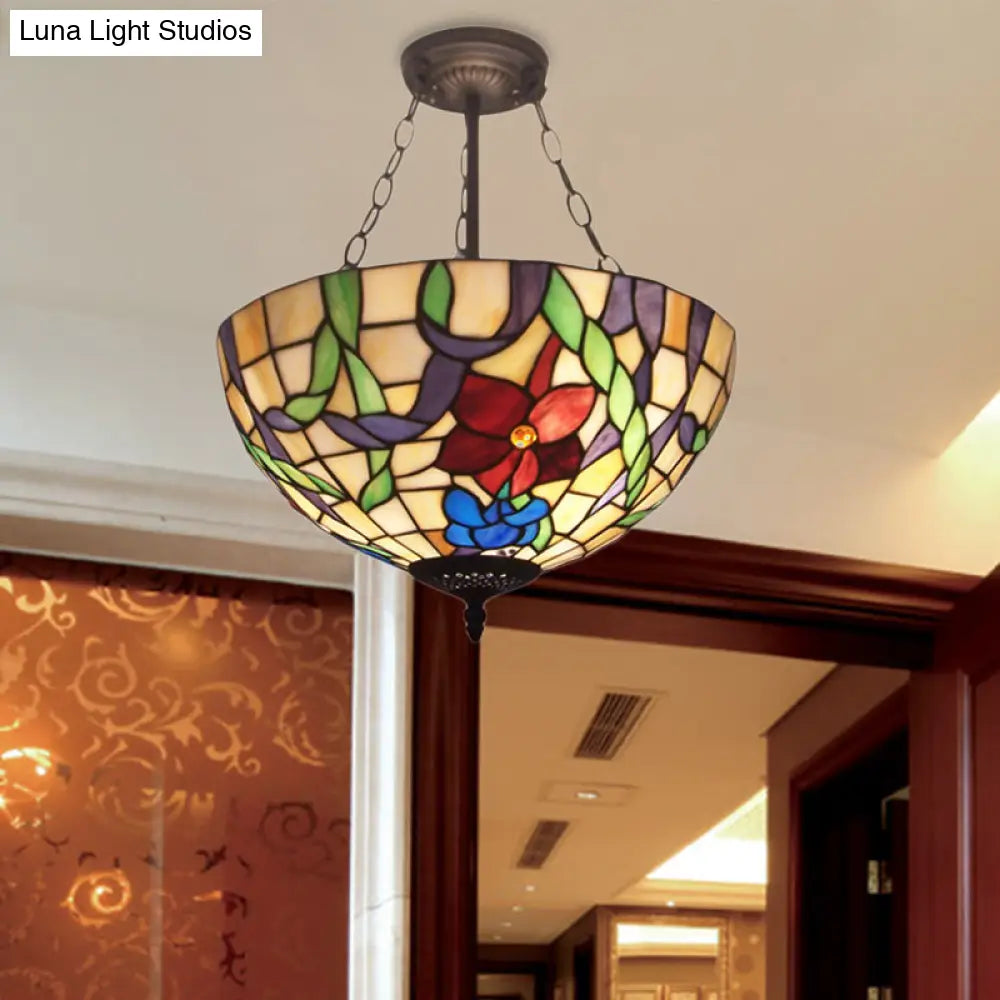 Flower Tiffany Rustic Stained Glass Chandelier for Foyer with Inverted Bowl Suspension Light