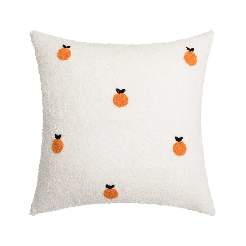White fluffy pillow with embroidered orange fruit motifs pillow cover for decorbites fluffy comfort avocado green decor