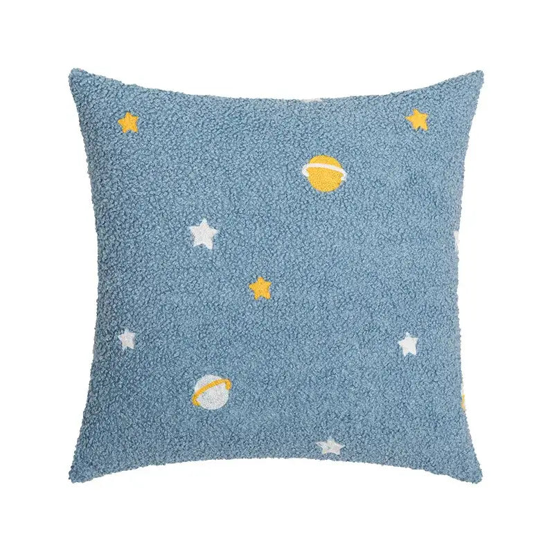 Blue plush fluffy comfort pillow cover with embroidered yellow and white stars for avocado green living room decorbites decor