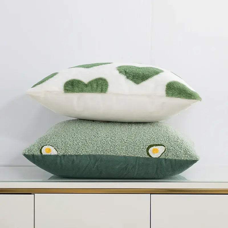White and sage green pillow cover with embroidered heart and egg designs from decorbites fluffy comfort pillow series
