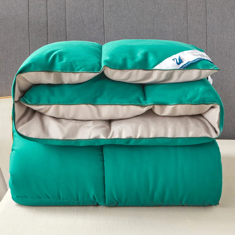 Teal fluffy quilt with plush puffy texture and beige lining lightweight warm winter autumn quilt code blanket