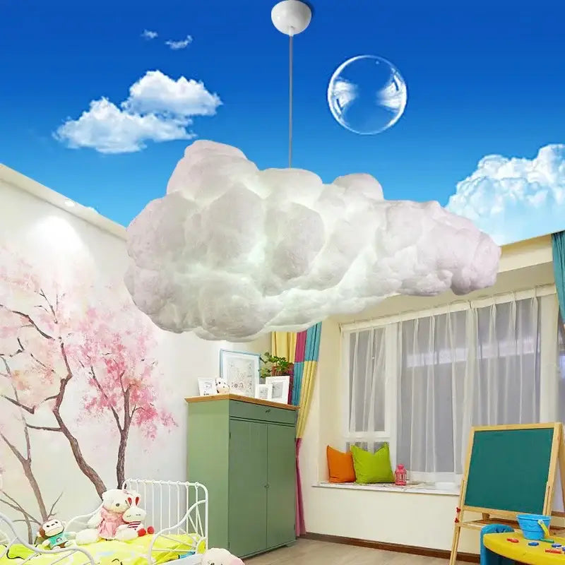 Fluffy white cloud chandelier pendant light made of soft material hanging in a dining room by decorbites