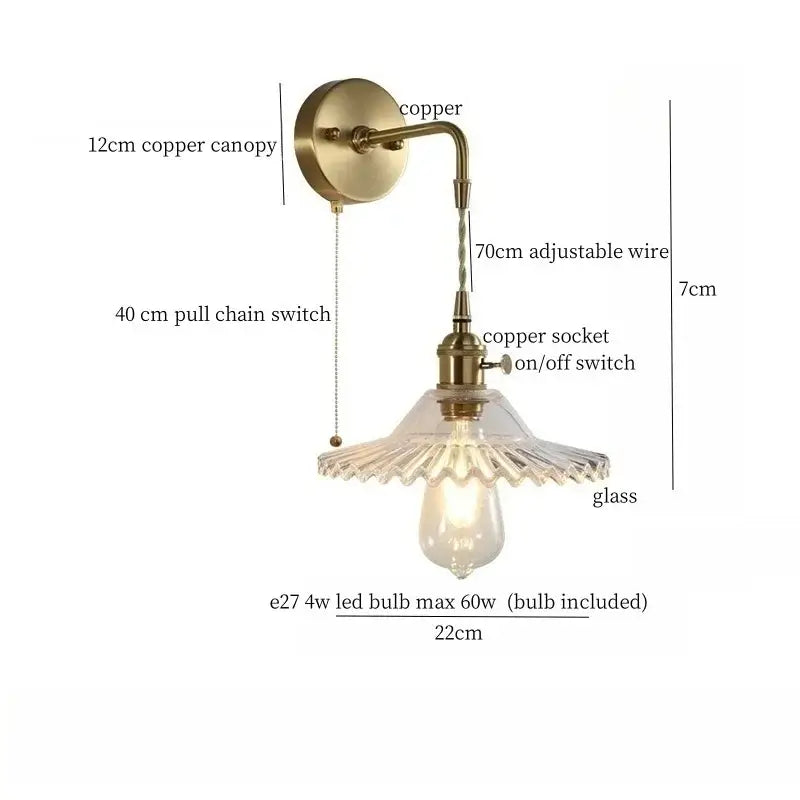 Antique brass glass led wall sconce with fluted glass shade and exposed edison bulb by decorbites for bedroom decor