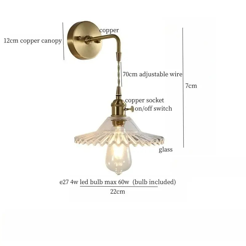 Fluted brass glass led wall sconce with antique brass finish clear scalloped shade and adjustable copper wire arm for bedroom decorbites brass glass