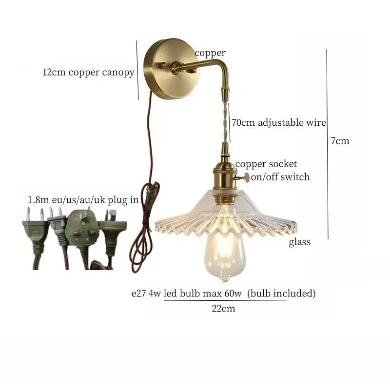 Fluted brass glass led wall sconce with antique brass finish clear glass shade and adjustable copper wire arm by decorbites brass glass