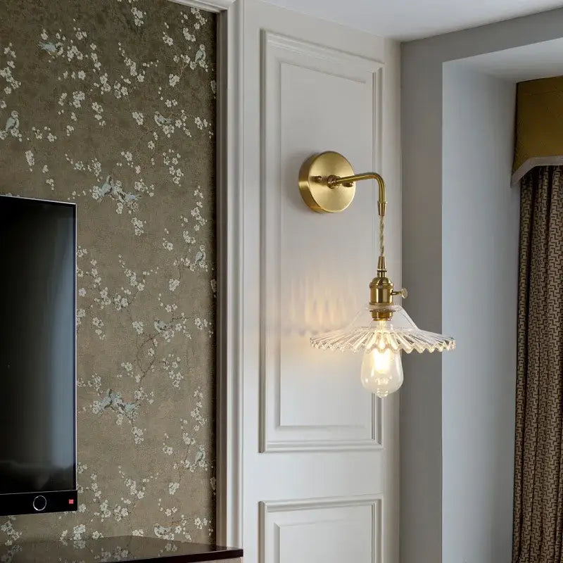 Fluted brass glass led wall sconce with clear fluted glass shade and exposed bulb for bedroom decorbites brass glass
