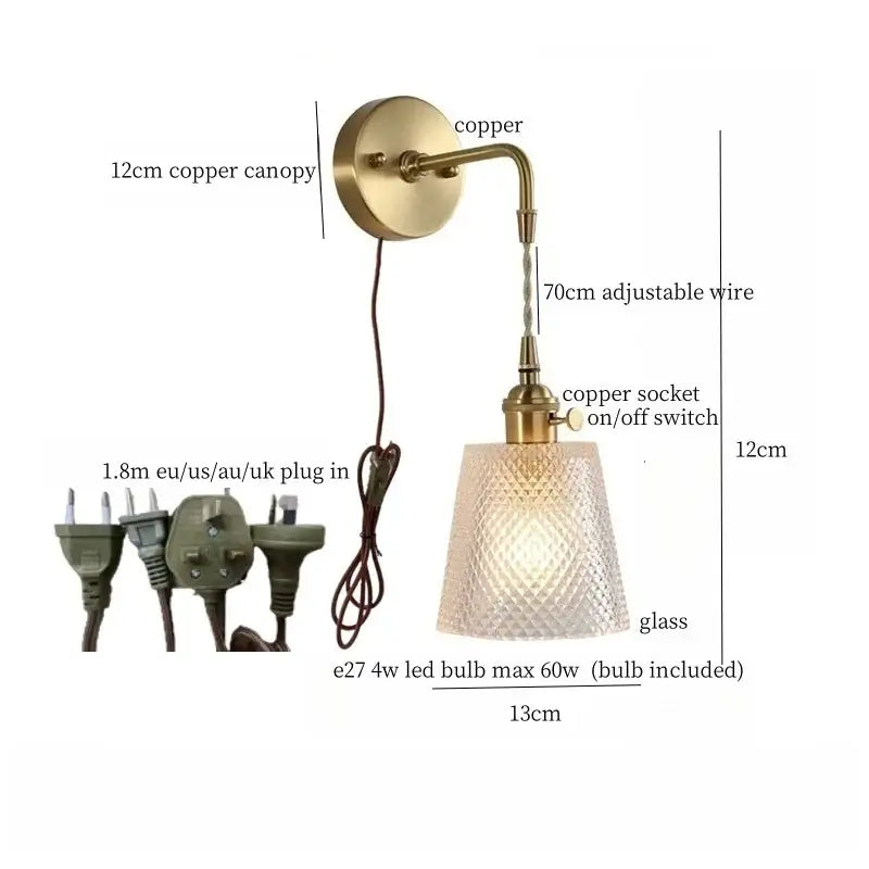 Fluted brass glass led wall sconce with brass-finished copper and textured glass shade for bedroom decorbites brass glass