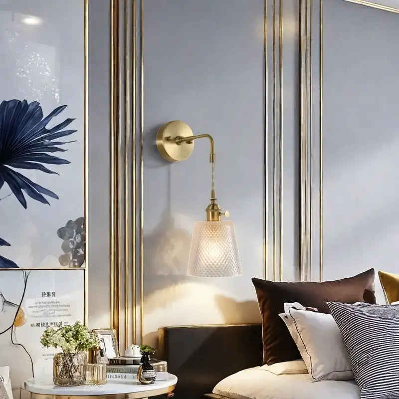 Gold-toned fluted brass glass led wall sconce with textured translucent shade for bedroom decorbites brass glass lighting