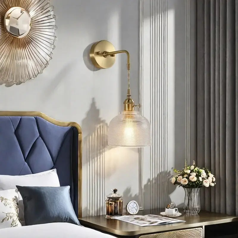 Fluted brass glass led wall sconce with textured glass shade for bedroom decorbites brass glass lighting fixture