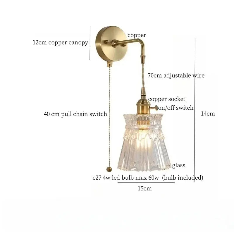 Fluted brass glass led wall sconce with brass copper canopy, adjustable wire arm, and faceted clear glass shade for bedroom decorbites brass glass
