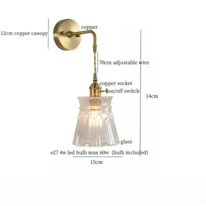 Fluted brass glass led wall sconce with a vintage brass copper canopy and adjustable wire for bedroom decorbites brass glass lighting