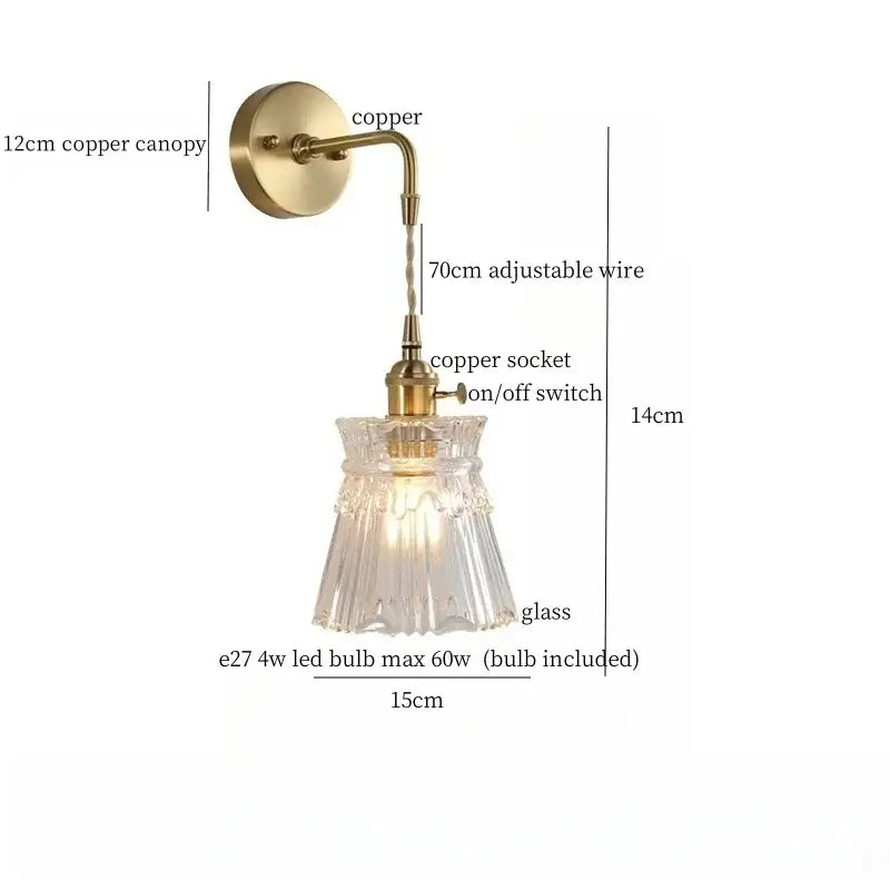 Fluted brass glass led wall sconce with a vintage brass copper canopy and adjustable wire for bedroom decorbites brass glass lighting