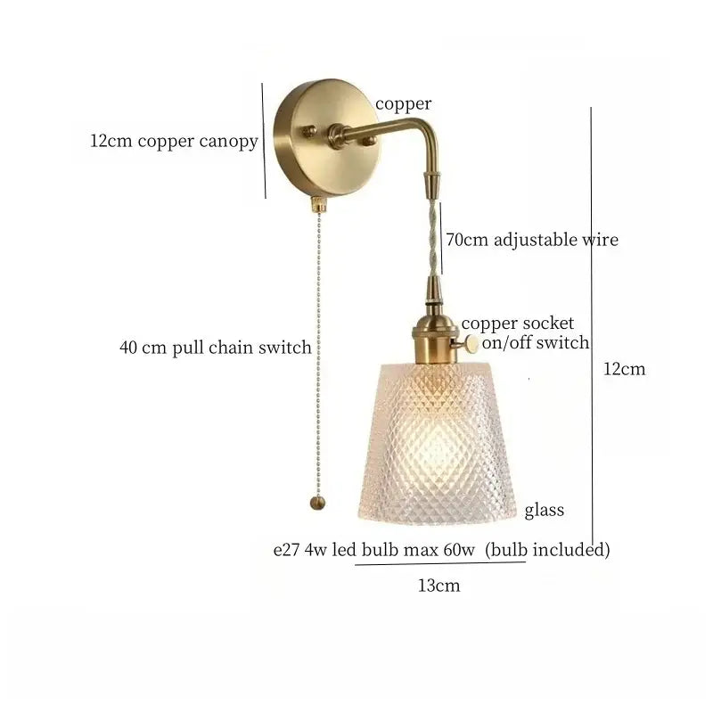 Fluted brass glass led wall sconce with brass-finished copper canopy and textured glass shade for bedroom decorbites brass glass