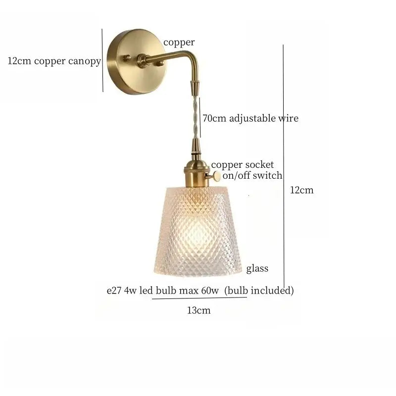 Fluted brass glass led wall sconce with brass-finished copper canopy and textured shade for elegant bedroom decorbites brass glass design