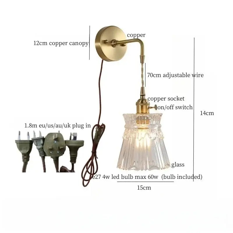 Vintage-style wall sconce with brass copper canopy, adjustable wire arm, and clear fluted glass for bedroom decorbites brass glass led