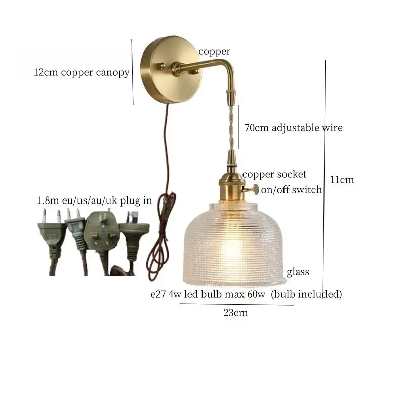 Fluted brass glass led wall sconce with vintage brass finish, textured glass shade, and adjustable copper wire for bedroom decorbites brass glass