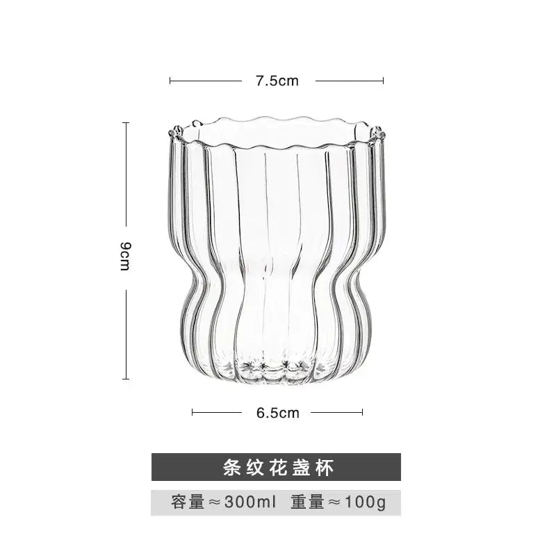 Clear glass coffee mug with fluted wavy design and wider rim from decorbites glass coffee mug set