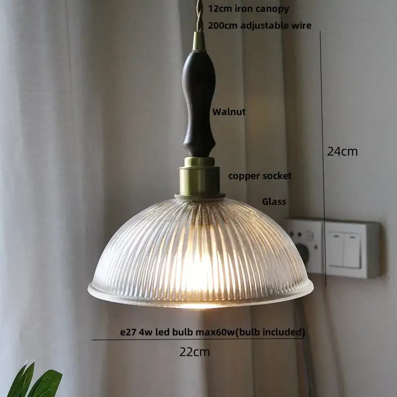 Fluted clear glass pendant light with brass finish featuring a warm-toned ribbed glass shade and dark walnut iron canopy for kitchen dining decorbites clear glass clear glass nordic