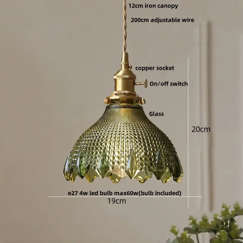 Vintage-style pendant light with textured emerald green glass shade and brass finish for kitchen dining decorbites clear glass