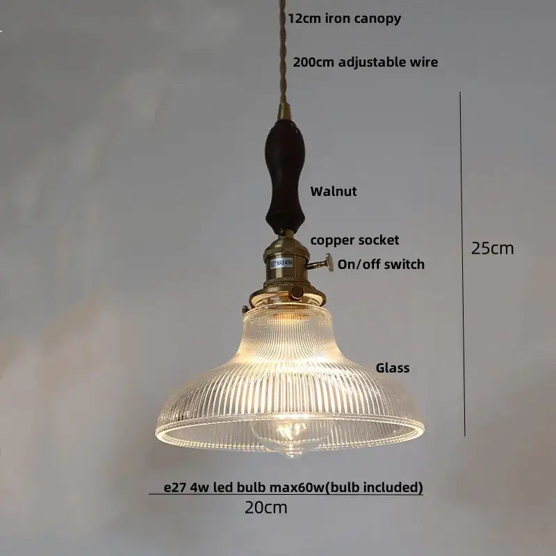 Fluted clear glass pendant light with brass finish and dark walnut handle suitable for kitchen dining decorbites clear glass