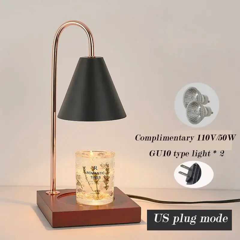 Black conical lampshade candle warmer with rose gold metal stand and wooden base for decorbites gold wax melting