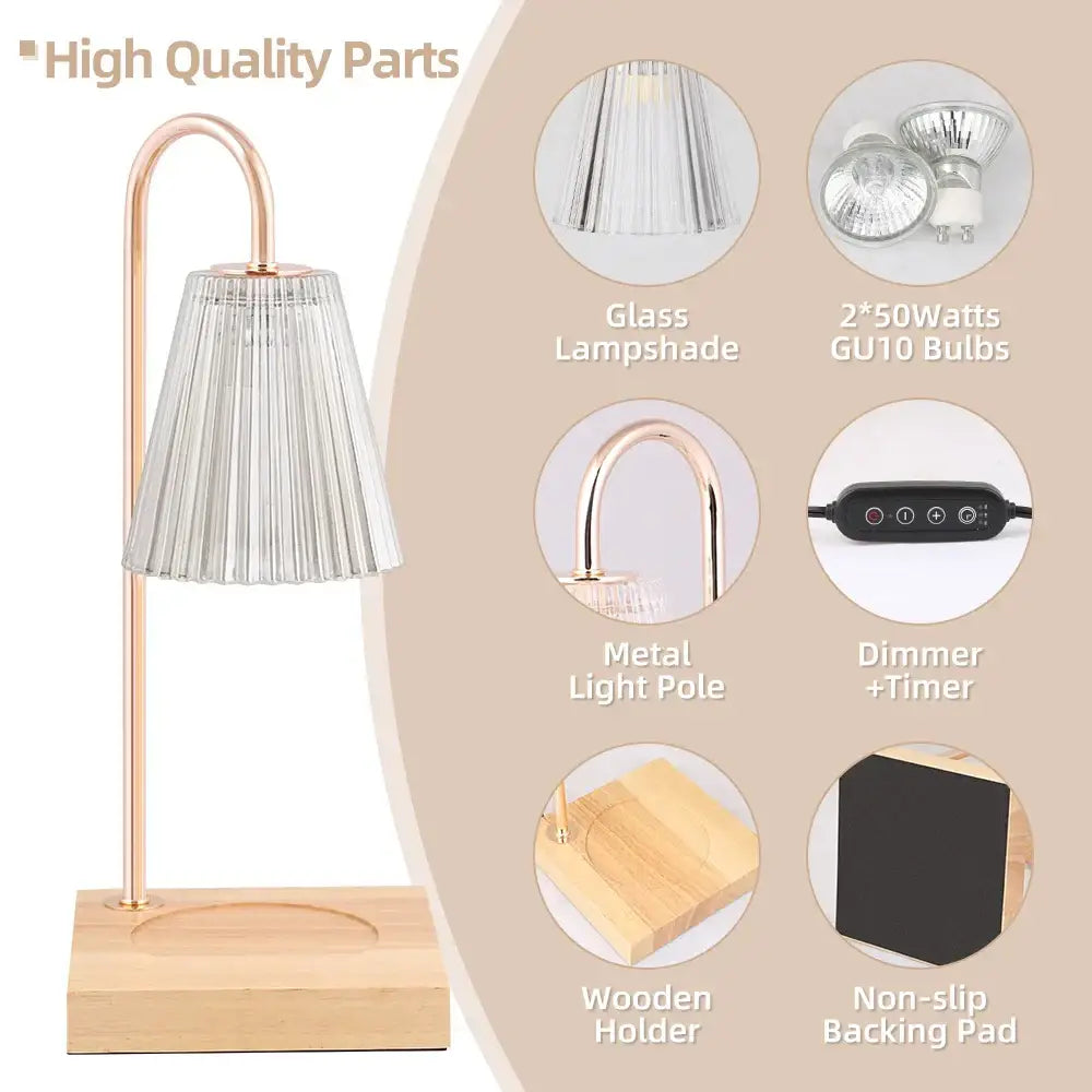 Rose gold metal candle warmer with clear pleated glass shade and wooden base for decorbites gold wax melting decor