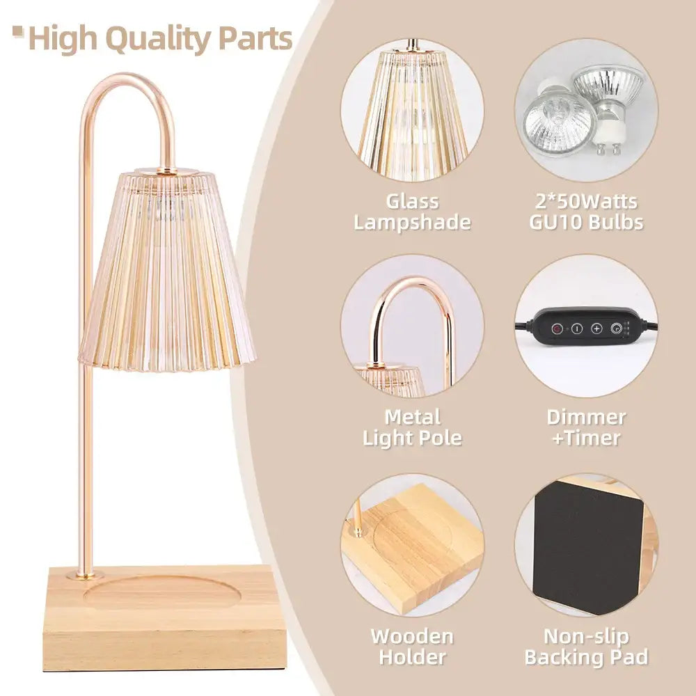 Rose gold metal candle warmer with pleated glass shade and wooden base for decorbites gold wax melting decor