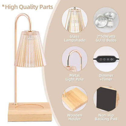 Rose gold metal candle warmer with pleated glass shade and wooden base for decorbites gold wax melting decor
