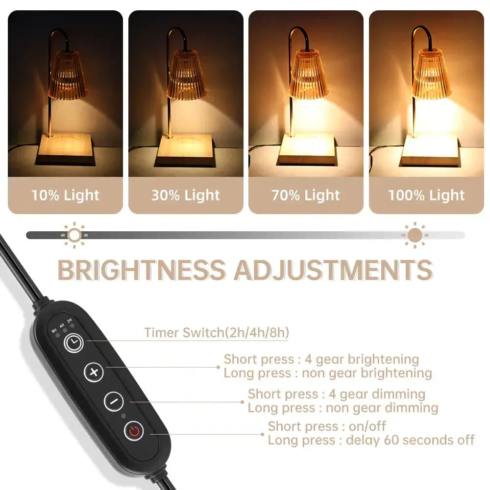 A sleek black remote control with circular buttons for brightness and timer functions for decorbites gold wax melting candle warmer