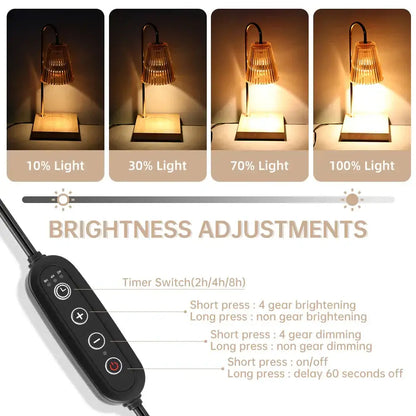 A sleek black remote control with circular buttons for brightness and timer functions for decorbites gold wax melting candle warmer