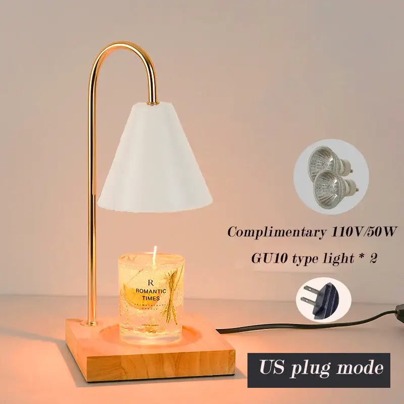Gold-toned candle warmer with white conical shade and wooden base for decorbites gold wax melting in bedroom decor