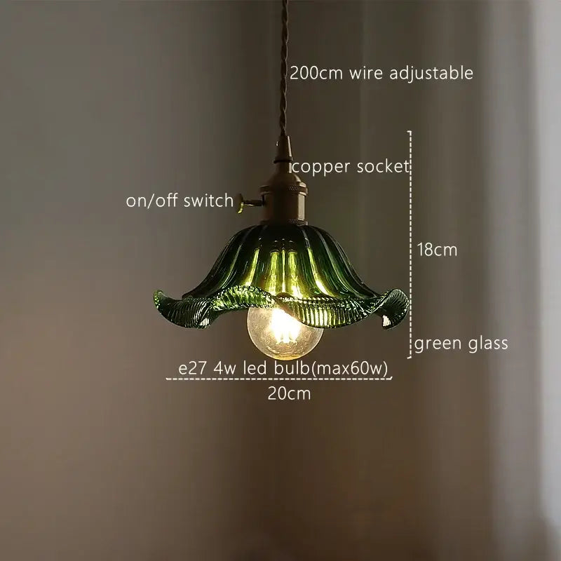 Delicate green stripe glass pendant light with fluted petal design and exposed copper socket for kitchen decorbites fixture