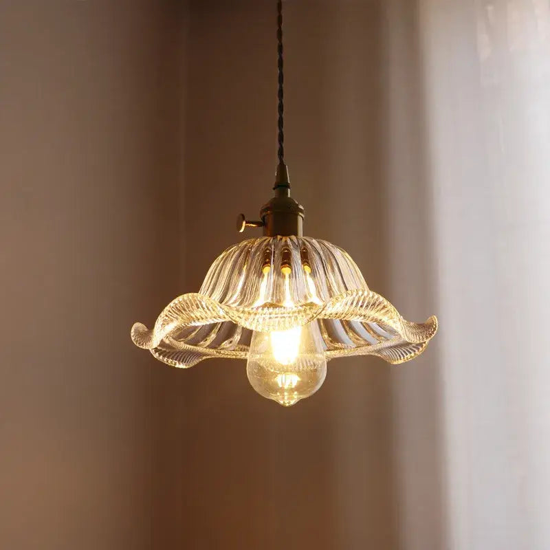 Fluted green stripe glass pendant light with translucent petal design and brass hardware for kitchen decorbites decor
