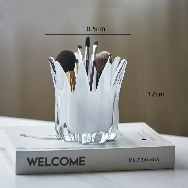 Translucent white glass brush holder with crown fluted design and clear base for decorbites geometric bud display