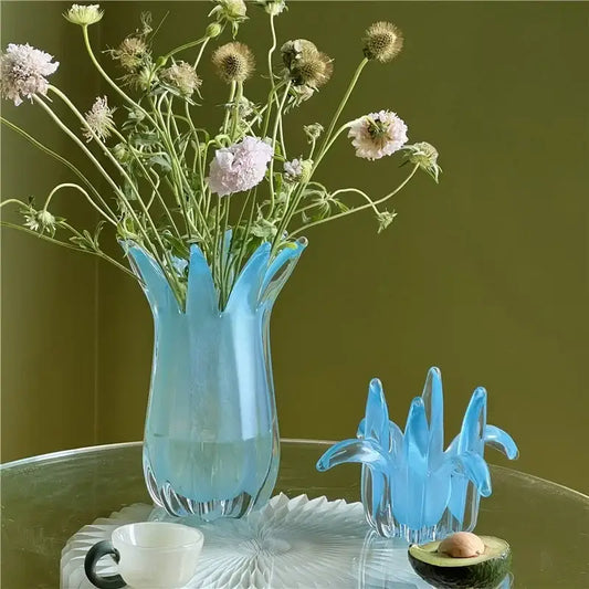Translucent light blue geometric bud glass vase with fluted petal rim and textured base for decorbites living room decor