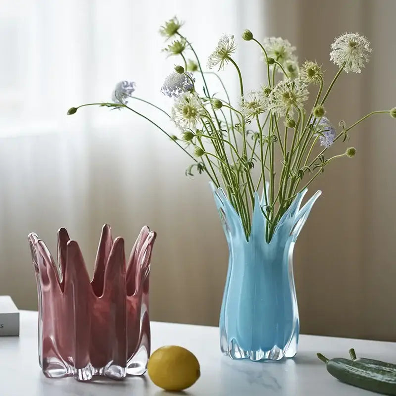 A translucent light blue geometric bud glass vase with a fluted crown rim for decorbites living room decor