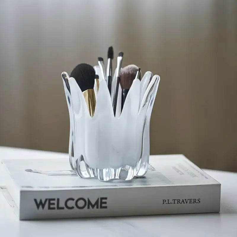 Translucent white glass brush holder with crown-like faceted design for decorbites geometric bud glass living room decor