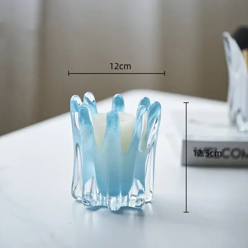 Translucent light blue geometric bud glass vase with fluted crown-like rim for decorbites geometric bud decor