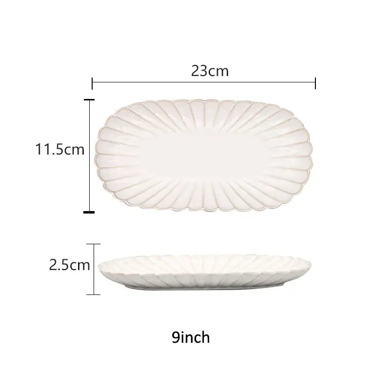 White ceramic serving platter with scalloped fan rim and ceramic white glaze from decorbites dinnerware set