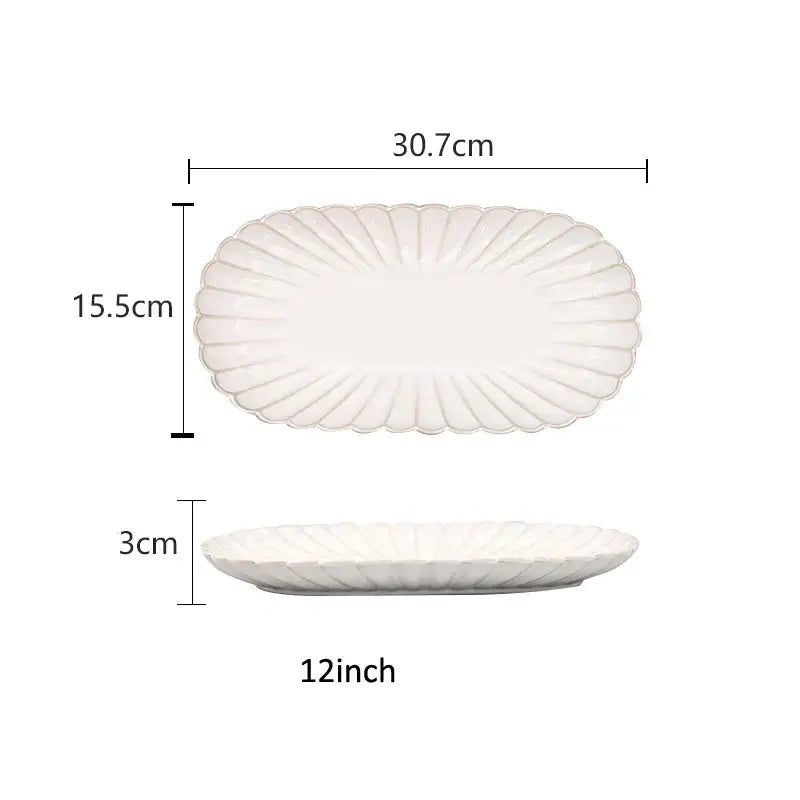 White ceramic serving platter with scalloped fan-like rim in decorbites ceramic white glaze dinnerware set with gold trim