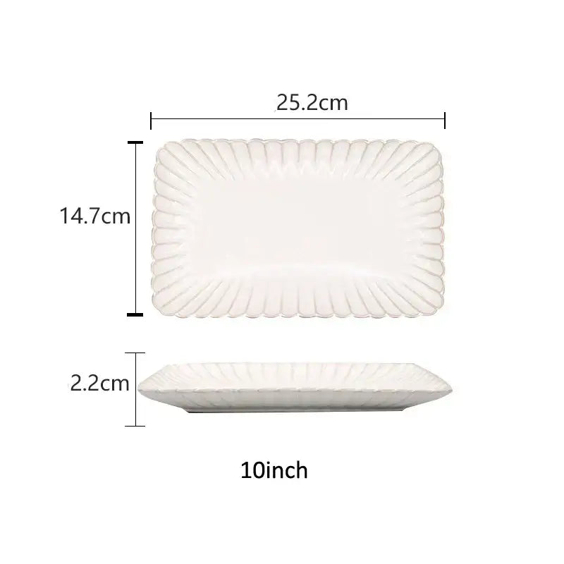 White ceramic rectangular serving tray with scalloped edge from fluted petal dinnerware set with gold trim decorbites ceramic white glaze