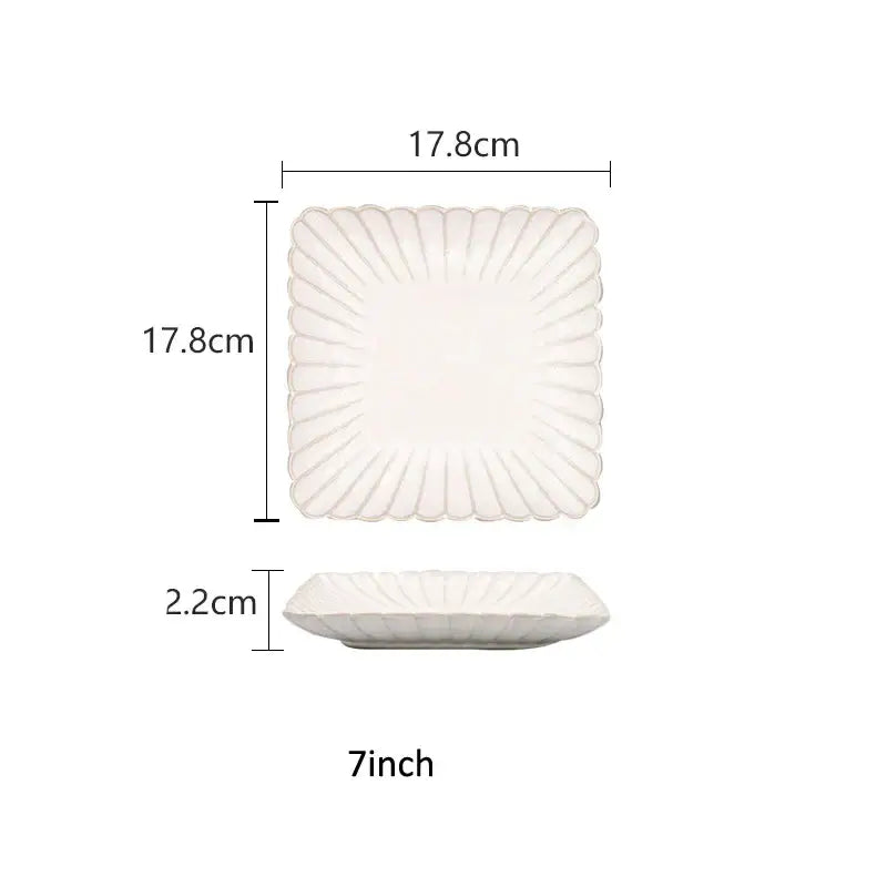 A square white ceramic dinnerware set plate with scalloped sunburst rim and ceramic white glaze by decorbites