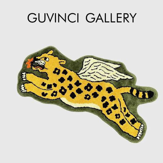 A plush olive green flying tiger leopard hand tufted rug with black spots and white wings for bedroom decorbites decor